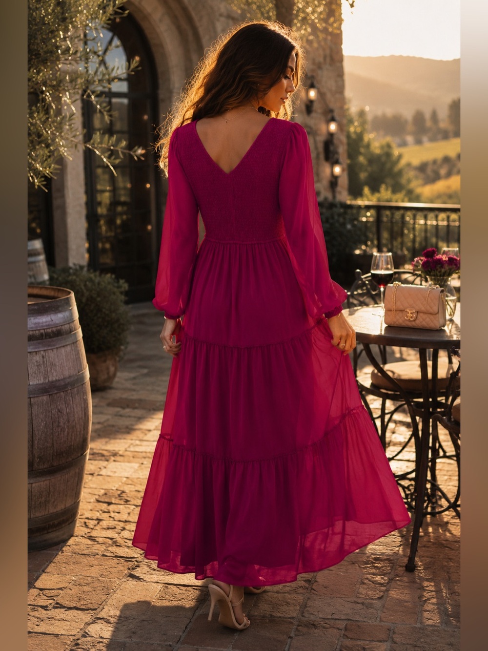 ANDREE BY UNIT Magenta V-Neck Long Sleeve Tiered Maxi Dress - Picture 2 of 6